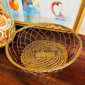 Vintage Brass Wire Gathering Basket Oval Cottagecore Traditional Boho 10" by 8"